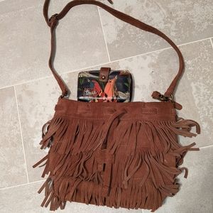 Lucky brand brown suede fringe hippy boho bag with a Saks Roots wallet.